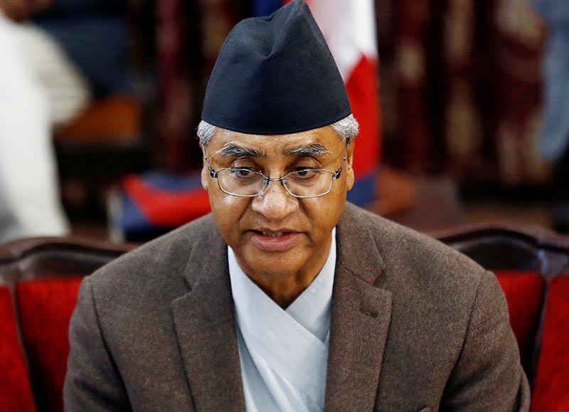 Prime Minister Sher Bahadur Deuba announces his resignation in Kathmandu, on Thursday, February 15, 2018. Photo: Reuters