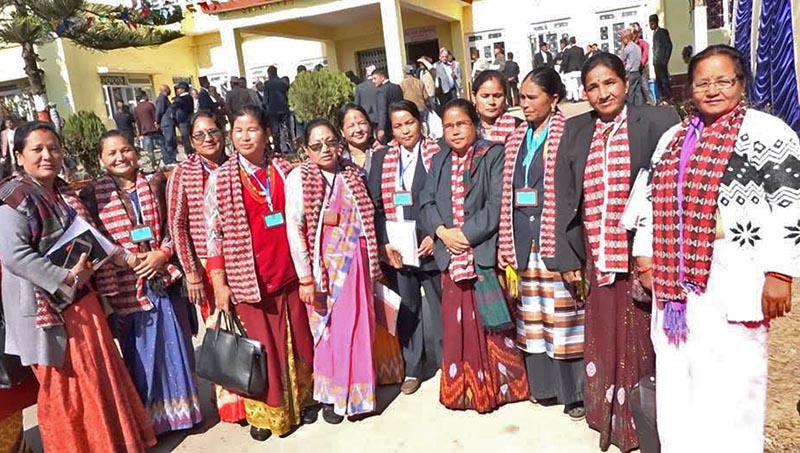 Assembly members of Province 6 posing for photographs before the first meeting of the provincial aasembly, in Birendranagar, Surkhet, on Sunday. Photo: THT