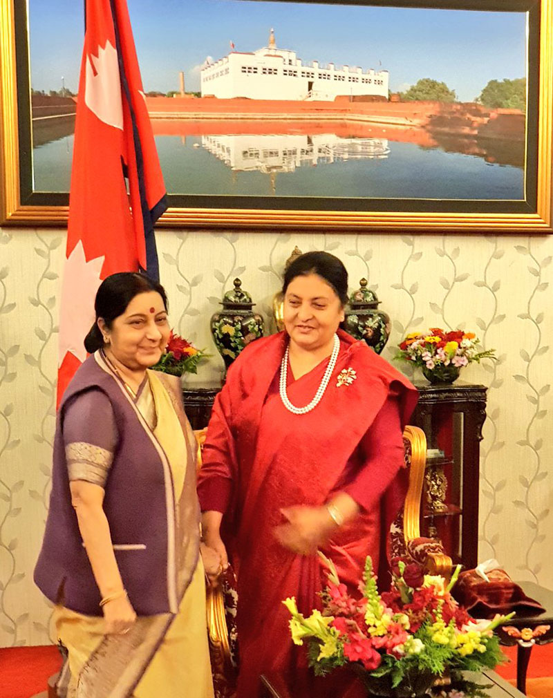 Indian Minister of External Affairs Sushma Swaraj paying a courtesy call on President Bidya Devi Bhandari at the Office of the President in Shital Niwas, Kathmandu, on February 2, 2018. Photo courtesy: Twitter, MEA India.