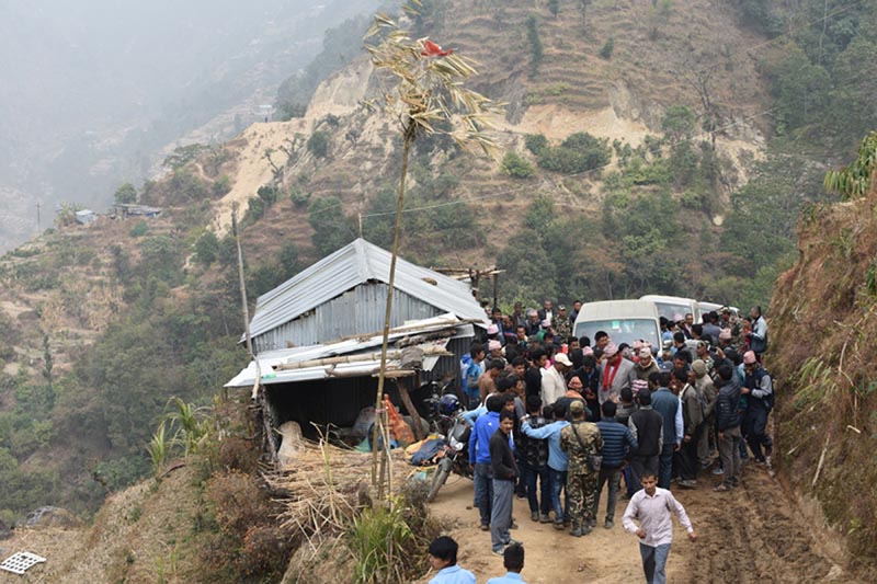 Locals gather to welcome the first ever vehicle that reached a village in Kavrepalanchowk district, on Tuesday, February 27, 2018. The Chyamrangbesi-Kalangsing-Jhinge-Milche road has come into operation. Photo: RSS
