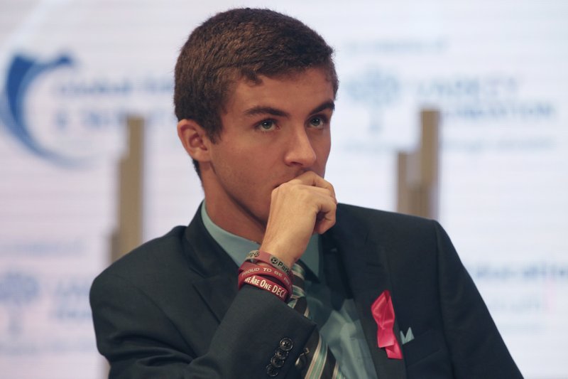 Parkland High School student Lewis Mizen listens on stage at the Global Education and Skills Forum in Dubai, United Arab Emirates, Saturday, March 17, 2018. Photo: AP