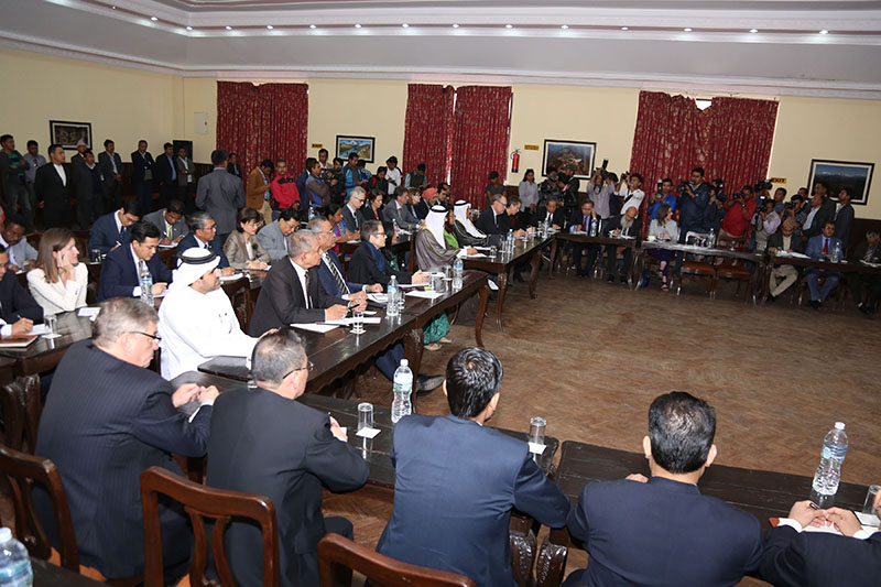 The ambassadors, officials of international diplomatic missions, and development partner representatives attending the meeting that addressed the priority of Prime Minister KP Sharma Oli-led government, in PM's official residence, at Baluwatar, Kathmandu, on Tuesday, March 27, 2018. Photo: RSS