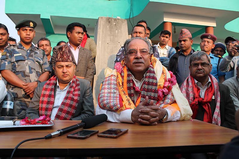 CPN-Maoist Centre Chair Pushpa Kamal Dahal speaking to journalists at a press meet, in Hetauda, rMakawanpur, on Wednesday, March 21, 2018. Photo: THT