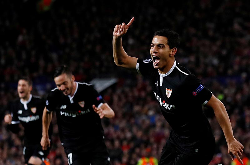 Sevillau2019s Wissam Ben Yedder celebrates scoring a goal during the Champions League Round of 16 Second Leg match between Manchester United and Sevilla, at Old Trafford, in Manchester, Britain, on March 13, 2018. Photo: Action Images via Reuters