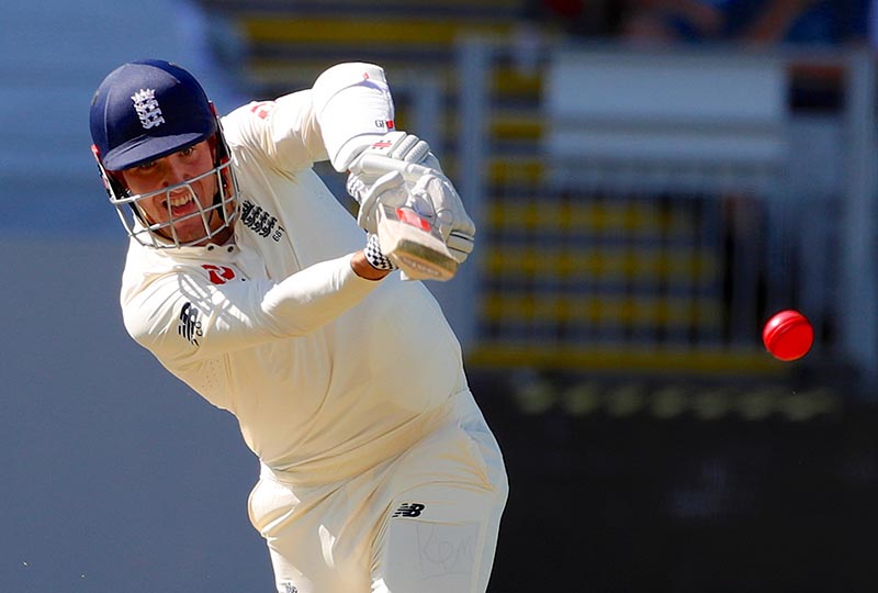 England's Craig Overton hits a shot during the first day of the first cricket test match during the test match between New Zealand and England, at Eden Park, in Auckland, New Zealand, on March 22, 2018. Photo: Reuters