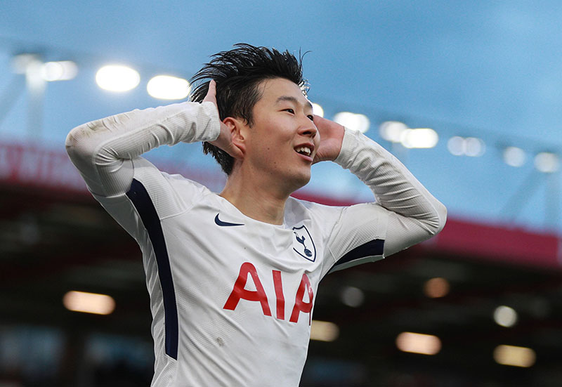 Tottenham's Son Heung-min celebrates scoring their third goal during the Premier League match between AFC Bournemouth and Tottenham Hotspur, at Vitality Stadium, in Bournemouth, Britain, on March 11, 2018. Photo: Reuters