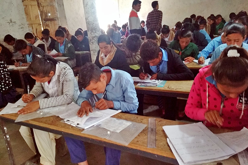 Students attending Secondary Education Examination (SEE) at a Toli Higher Secondary School in Tribeni Municipality in Bajura district, on Thursday, March 22, 2018. Photo: Prkash Singh