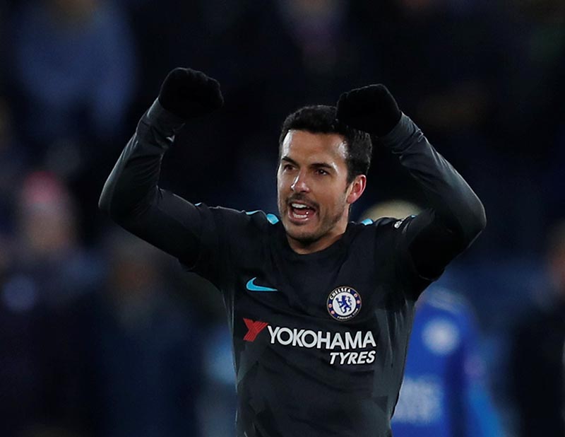 Chelsea's Pedro celebrates after the match during the FA Cup quarter-final match between Leicester City and Chelsea, at King Power Stadium, in Leicester, Britain, on March 18, 2018. Photo: Action Images via Reuters