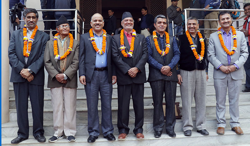 Former presidents of the Federation of Nepali Journalists (FNJ) being honoured on the occasion of its 63rd establishment day, on Friday, March 30, 2018. Photo: RSS