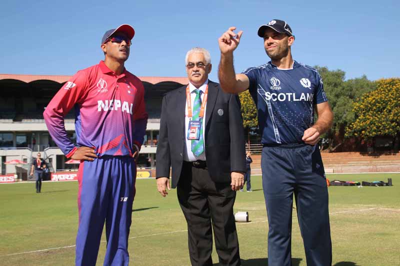 Nepali Captian Paras Khadka and Scotland Captain K Coetzer during a coin toss in ICC Cricket World Cup Qualifiers 2018 match between Nepal and Scotland, at Queens Sports Club in Bulawaye, Zimbawaye, on March 8, 2018. Photo: Raman Shiwakoti