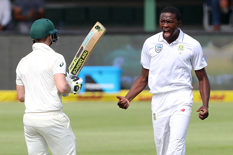 South Africau2019s Kagiso Rabada celebrates taking the wicket of Australiau2019s Steve Smith. Photo: Reuters