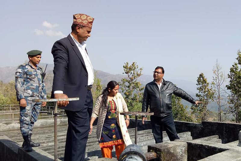Karnali Province Minister for Physical Infrastructure inspecting a water supply project site, in Surkhet, on Wednesday, March 21, 2018. Photo: THT