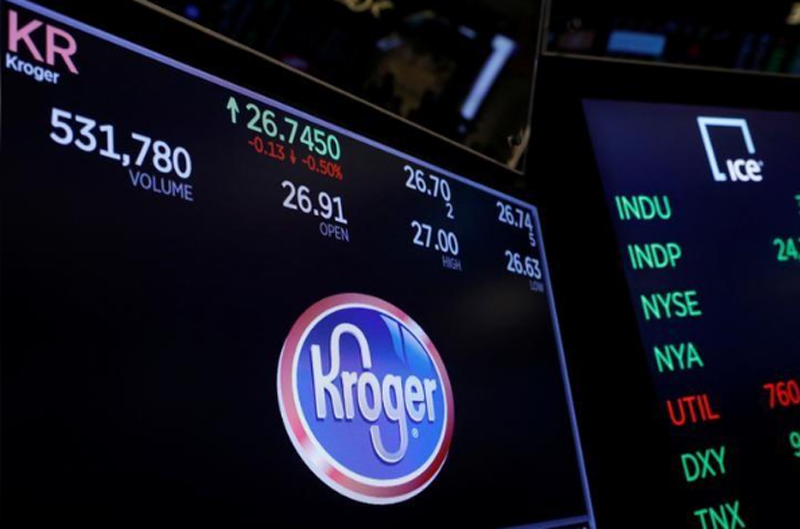 FILE-A logo of Kroger is displayed on a monitor above the floor of the New York Stock Exchange shortly after the opening bell in New York, US, December 5, 2017. Photo: Reuters 