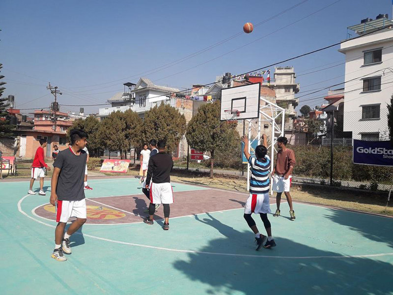 Players of Team Budhanilkantha Municipality (TBM) practicing before the match against Xavier International College (XIC) in Kwiks Basketball League held in Golfutar on March 7, 2018. Photo: Kwiks Basketball League.