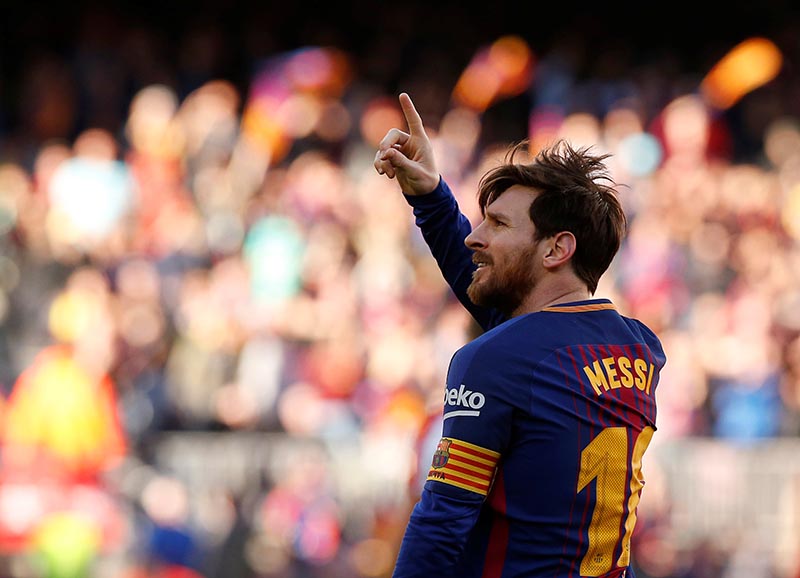 Barcelonau2019s Lionel Messi celebrates scoring their second goal during the La Liga Santander match between FC Barcelona and Atletic Bilbao, at Camp Nou, in Barcelona, Spain, on march 18, 2018. Photo: Reuters
