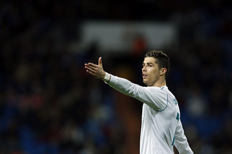 Real Madrid's Cristiano Ronaldo gestures during the Spanish La Liga soccer match between Real Madrid and Getafe at the Santiago Bernabeu stadium in Madrid, on Saturday, March 3, 2018. Photo: AP
