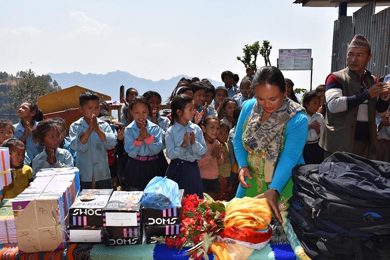 Educational material being distributed among schoolchildren, in Langtang, on Sunday, March 25, 2018. Photo: THT