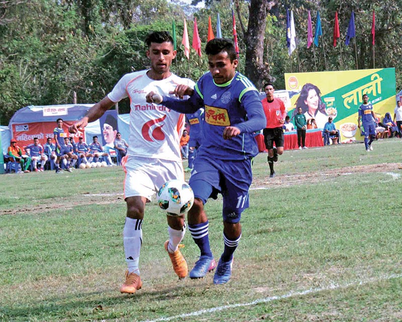 Players of Nepal APF Club and Rumpum Jhapa-XI (right) vie for the ball during their third Madan Bhandari International Gold Cup match in Butwal on Sunday. Photo: THT