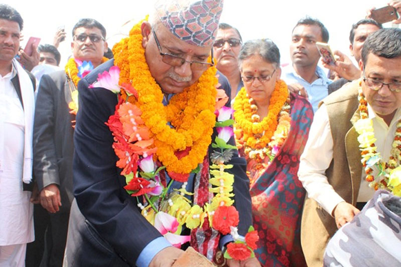 Former PM Madhav Kumar Nepal lays a foundation stone of 52-km long road stretch in Rautahat district, on Friday, March 09, 2018. Photo: Prabhat Kumar Jha