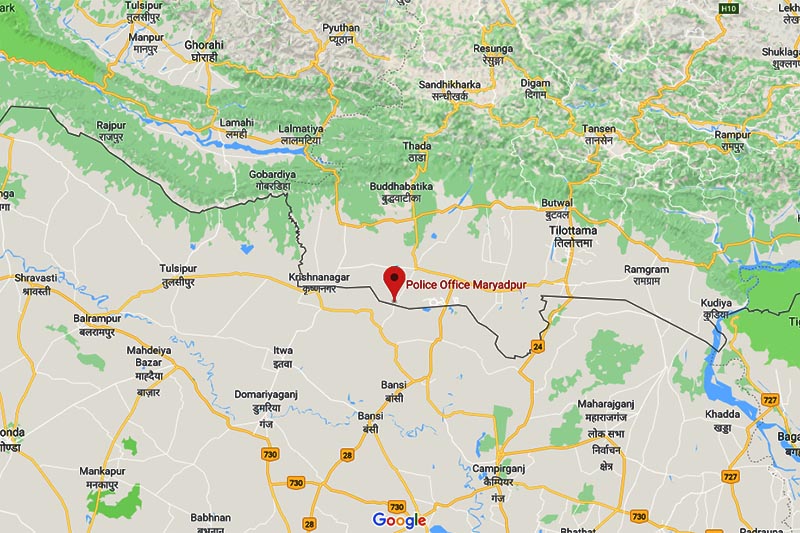 This image shows the maps of Maryadpur border pioint  in Yashodhara Rural Municipality of  Kapilvastu district. Image: Google maps
