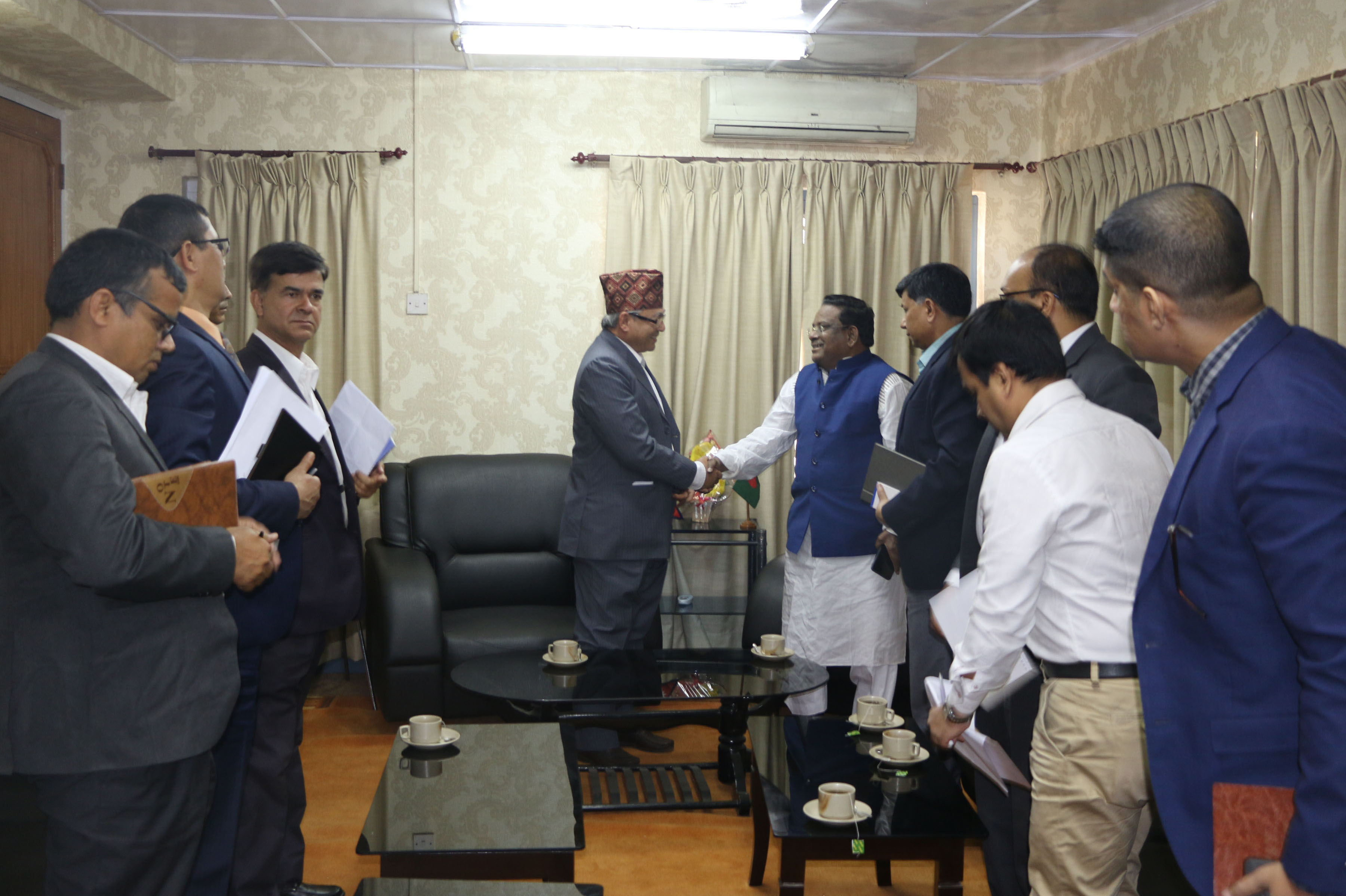 Minister for Civil Aviation and Tourism of Bangladesh, AKM Shahjahan Kamal along with the high-level delegation and Home Minister Ram Bahadur Thapa in a meeting held at Singha Durbar on Wednesday, March 14, 2018. Photo: Kiran Bhattarai/RSS