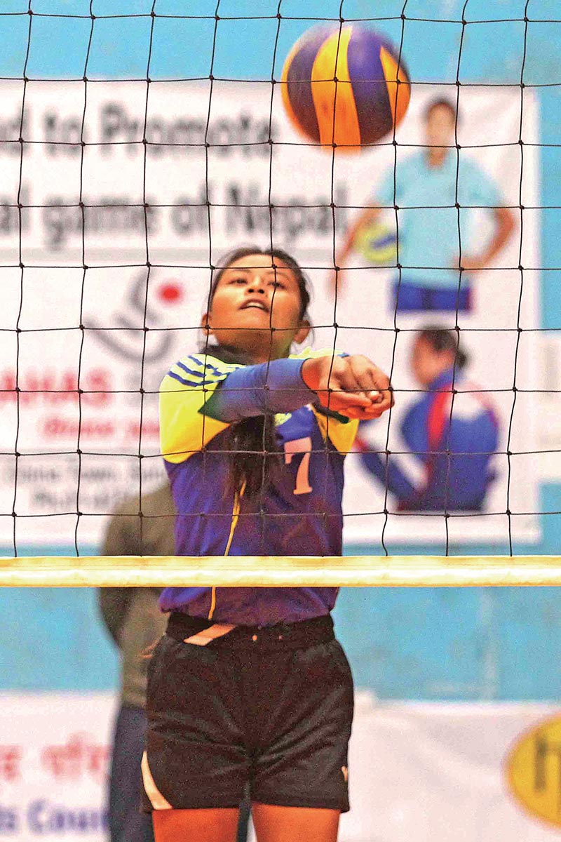 Jonisha Mahato of Padmodaya Youth Club lifts the ball during their NST-NVA Club Volleyball Championship match against Dhorpatan Sports Club in Kathmandu on Wednesday. Photo: Udipt Singh Chhetry/ THT