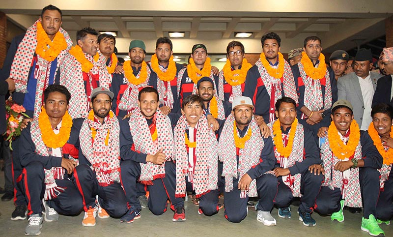 Nepal cricket team posing for photo upon their arrival from Zimbabwe after obtaining One Day International status of International Cricket Council at arrival lounge of Tribhuvan International Airport, in Kathmandu, on Monday, March 19, 2018. Photo: Udipt Singh Chhetry/THT
