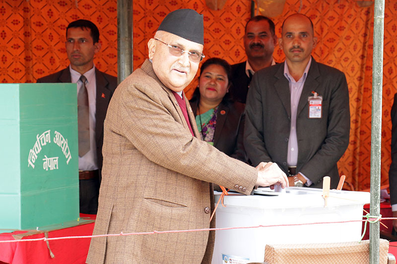 Prime Minister KP Sharma Oli casting his ballot in the election for President of the Federal Democratic Republic of Nepal, at the premises of Federal Parliament Building, New Baneshwor, in Kathmandu, on Tuesday, March 13, 2018. Photo: RSS