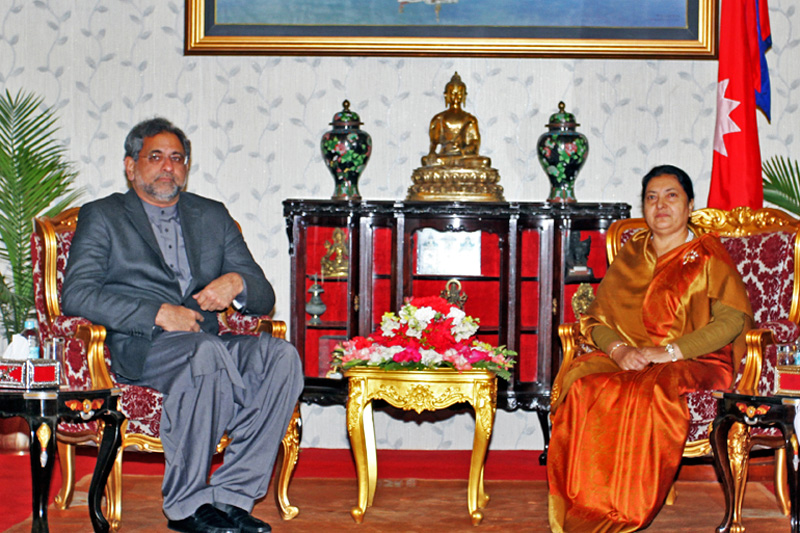 Visiting Pakistani Prime Minister Shahid Khequan Abbasi pays a courtesy call to Presidnet Bidya Devi Bhandari at Shital Niwas in Maharajgunj, Kathmandu, on Tuesday, March 6, 2018. Photo: President's Office