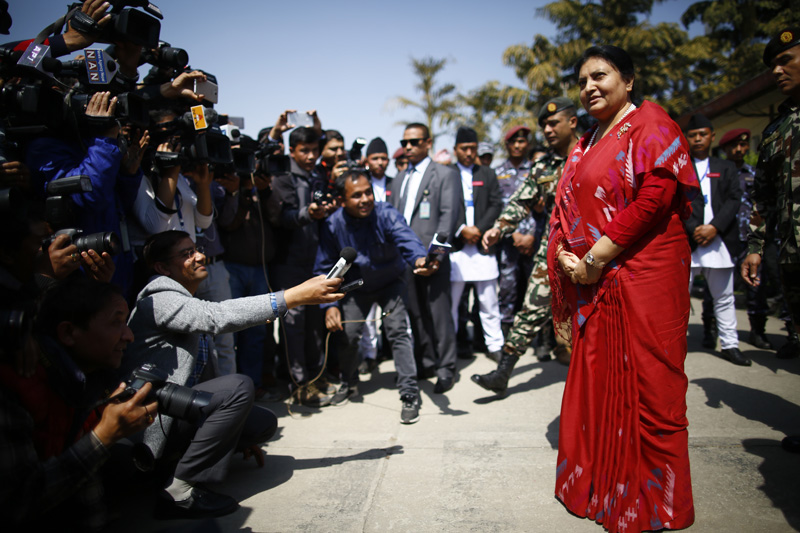 President Bidhya Devi Bhandari speaks to media persons after registering her candidacy for the presidential election at Federal Parliament in Kathmandu, on Wednesday, March 07, 2018. Photo: Skanda Gautam