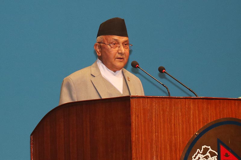 Prime Minister KP Sharma Oli addressing a meeting of the House of Representatives, at the Parliament building, in Kathmandu, on Friday, March 16, 2018. Photo: RSS