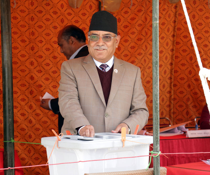CPN Maoist Centre Chairman Pushpa Kamal Dahal casting his ballot in the election for President of the Federal Democratic Republic of Nepal, at the premises of Federal Parliament Building, New Baneshwor, in Kathmandu, on Tuesday, March 13, 2018. Photo: RSS