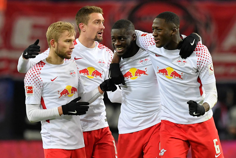 RB Leipzig's Ibrahima Konate, Dayot Upamecano, Konrad Laimer and team mates celebrate after the match during Bundesliga match between RB Leipzig and Bayern Munich, at Red Bull Arena, in Leipzig, Germany, on March 18, 2018. Photo: Reuters