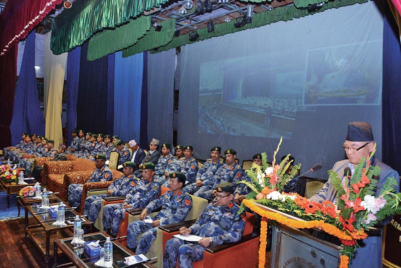 Minister for Home Affairs Ram Bahadur Thapa addressing a programme at Armed Police Force headquarters, in Kathmandu, on Friday, March 2, 2018. Photo: THT