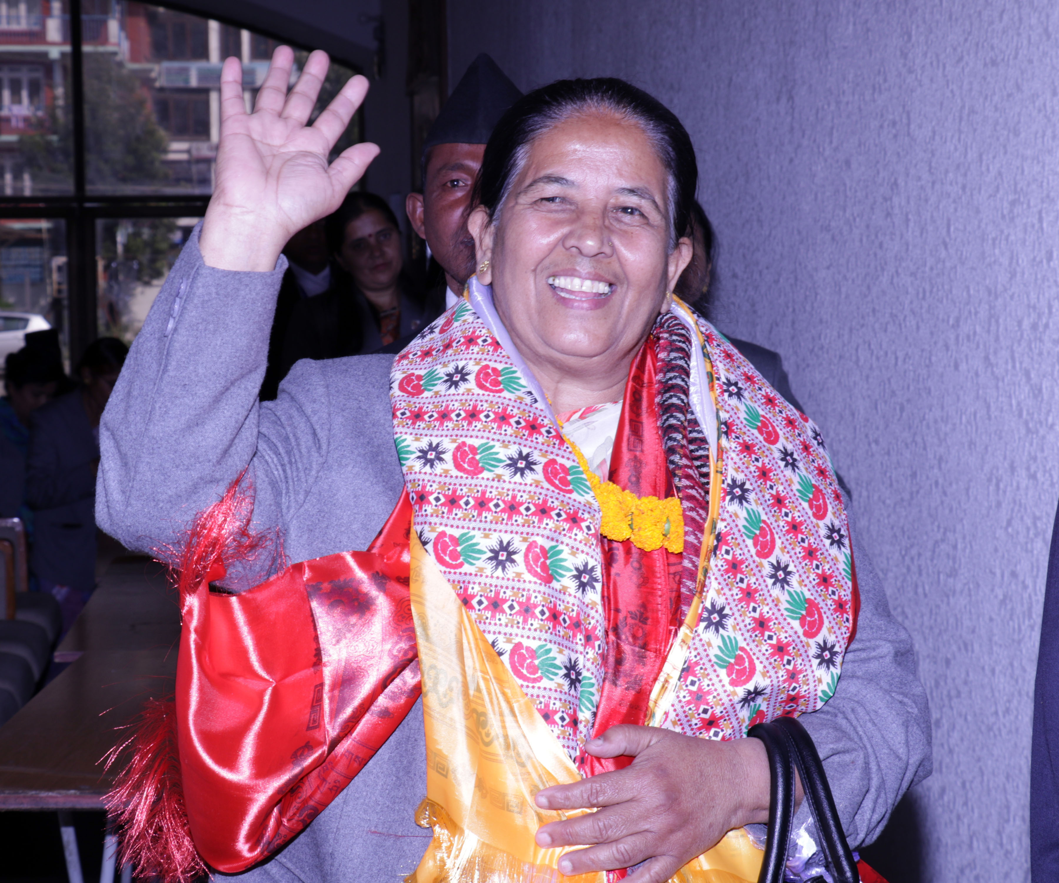 CPN Maoist Centre leader Sashikala Dahal waves after being elected the Vice-chair of National Assembly on Sunday. PHOTO: Ratna Shrestha/RSSn
