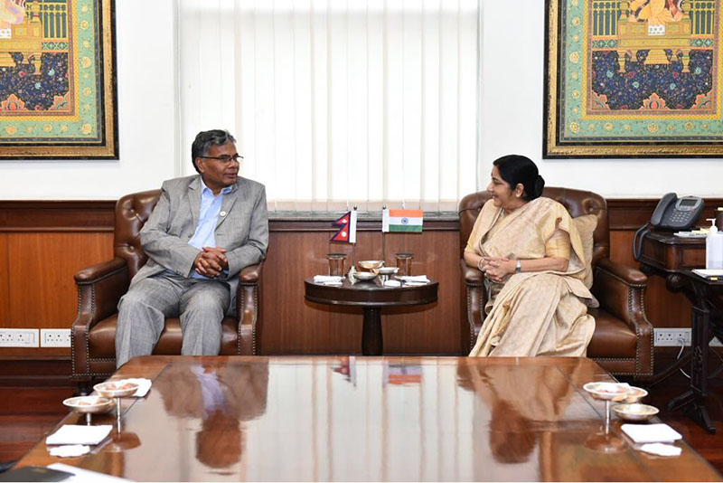 Minister for Industry, Commerce and Supplies Matrika Prasad Yadav with Indian Minister for External Affairs @SushmaSwaraj. The leaders discussed ways to take trade, commerce and developmental partnership between the two countries forward, in New Delhi, on Monday, March 19, 2018. Photo: Twitter/MEAIndia