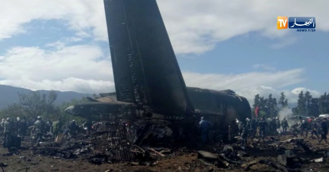 An Algerian military plane is seen after crashing near an airport outside the capital Algiers, Algeria April 11, 2018 in this still image taken from a video. Photo: ENNAHAR TV/Handout/ via Reuters