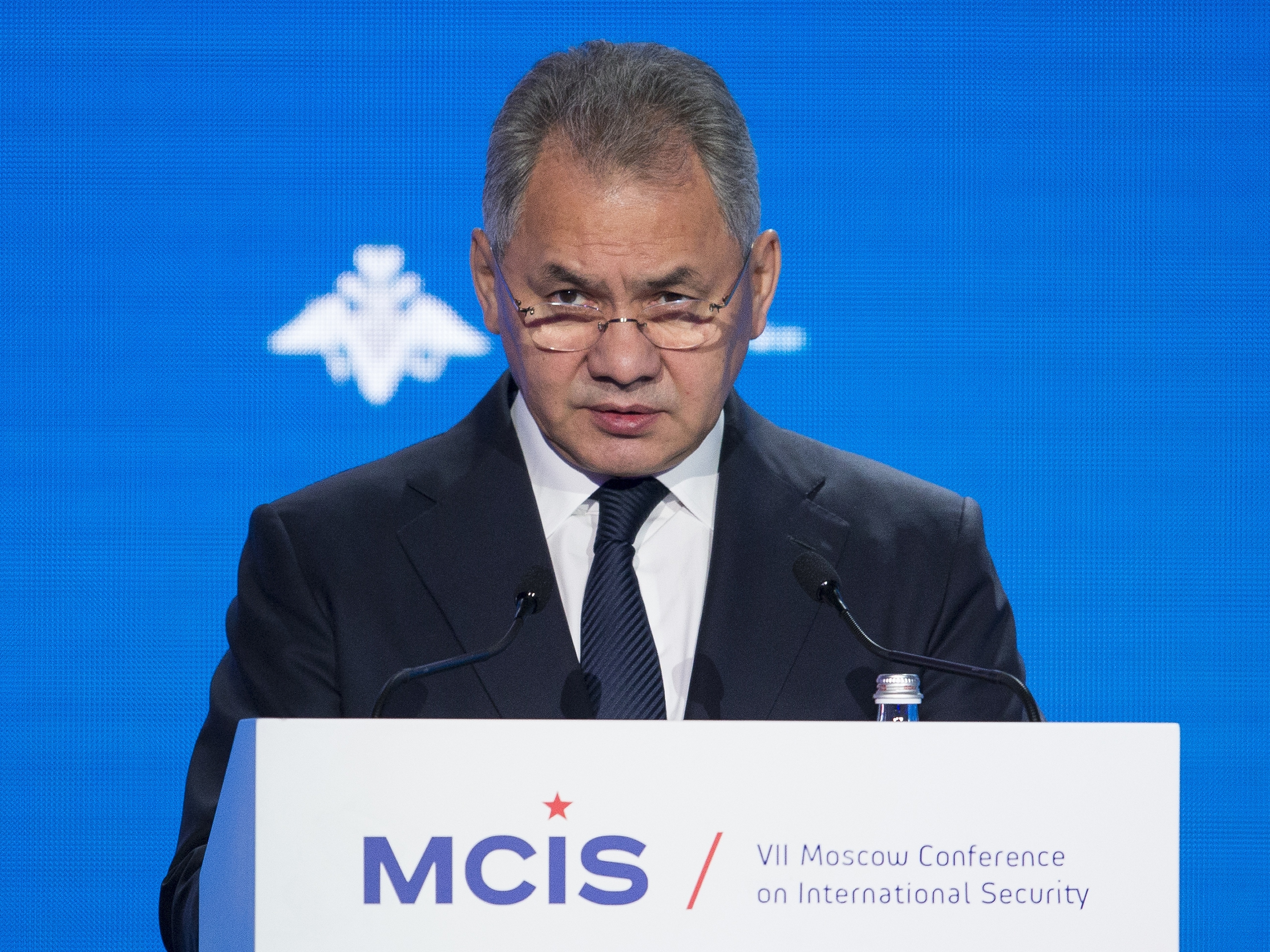 Russian Defense Minister Sergei Shoigu speaks during the Conference on International Security in Moscow, Russia, Wednesday, April 4, 2018. Photo: AP