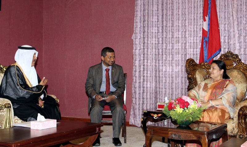 Ambassador of Saudi Arabia to Nepal Abdulnaser H Al Harthi calls on President Bidya Devi Bhandari on the last day of his tenure at the Presidentu0092s Office, Shital Niwas, in Maharajgunj, on Sunday, April 15, 2018. Photo: President's Office