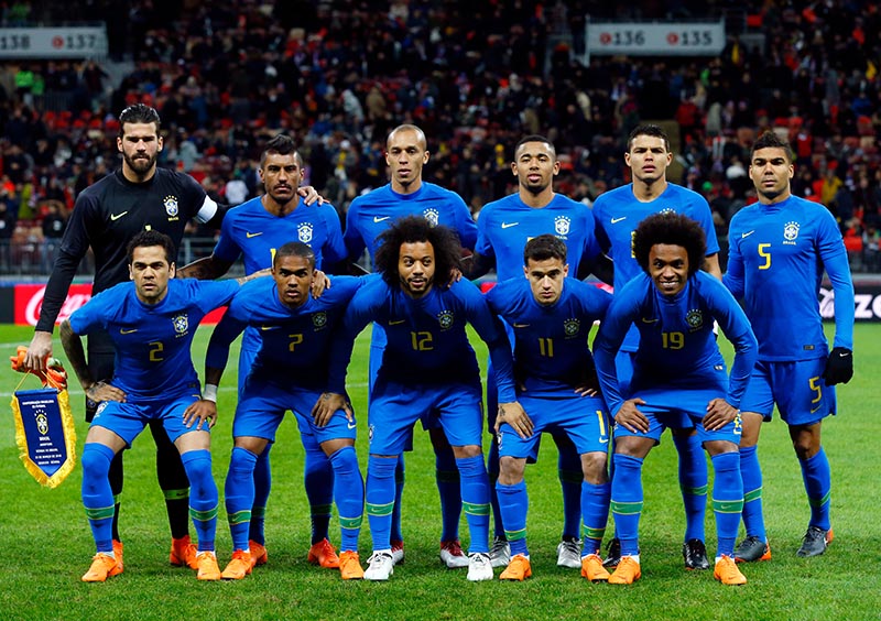 In this photo taken on Friday, March 23, 2018, the Brazilian players pose before an international friendly soccer match between Russia and Brazil at the Luzhniki stadium in Moscow. Photo: AP