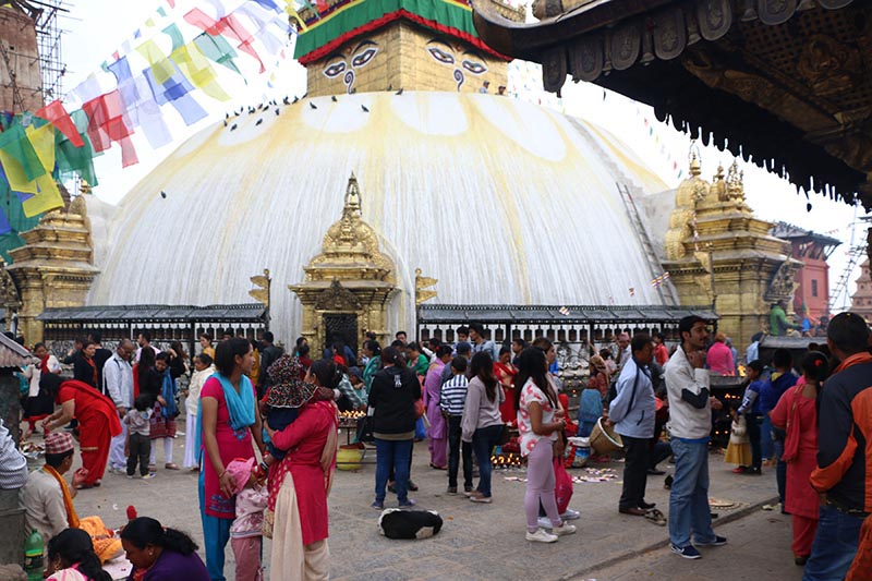 Devotees and visitors throng the premises of Swayambhunath Stupa on Buddha Jayanti, the 2,562nd birth anniversary of Lord Buddha, in Kathmandu, on Monday, April 30, 2018. Photo: RSS