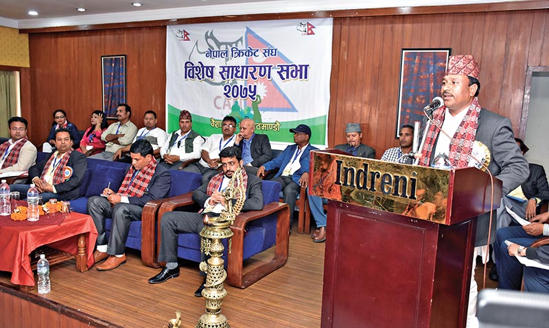 Minister for Youth and Sports Jagat Bahadur Sunar speaks during the Special General Meeting of Cricket Association of Nepal in Kathmandu on Thursday.