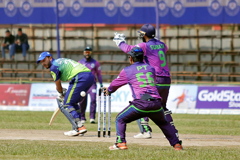 CYC Attariya players appeal lbw against Rupandehi Challengers during DPL at Dhangadhi, on Sunday, April 01, 2018. Photo: RSS
