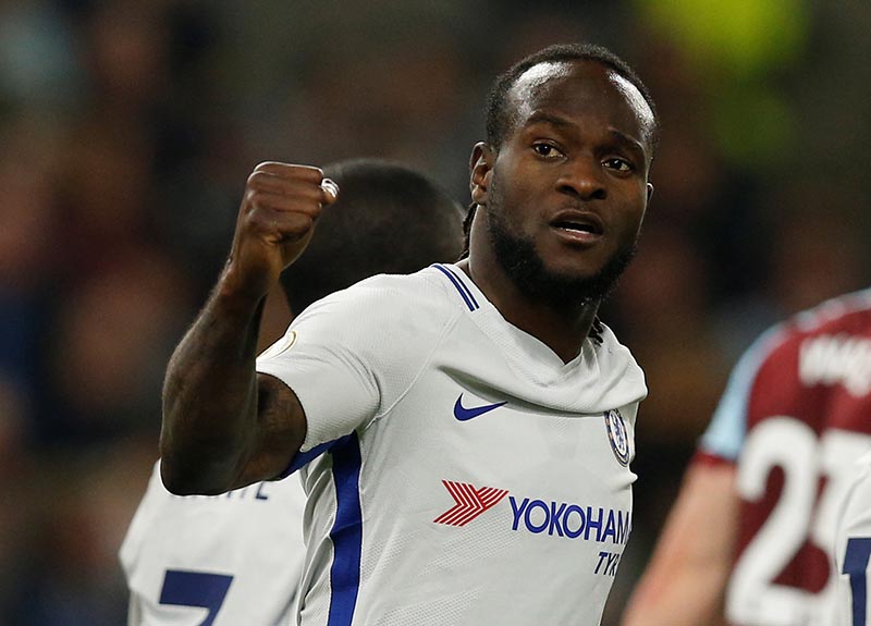 Chelsea's Victor Moses celebrates scoring their second goal during the Premier League match between Burnley and Chelsea, at Turf Moor, in Burnley, Britain, on April 19, 2018. Photo: Reuters