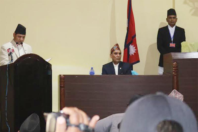 Financial Planning Minister Prakash Jwala presenting the budget of Karnali Province in the Provincial Assembly, on Thursday, April 26, 2018. Photo: THT