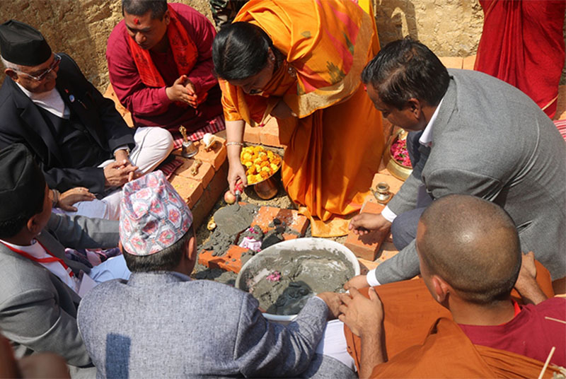 President Bidya Devi Bhandari, along with Prime Minister KP Sharma Oli, laying the foundation stone of Lumbini International Buddhist Meditation Centre and Assembly Hall to be constructed in Lumbini, the birthplace of Gautam Buddha, on the occasion of Buddha Jayanti, on Monday, April 30, 2018. Photo: RSS