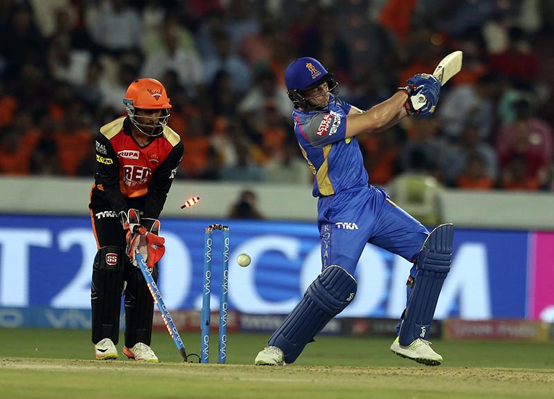 Rajasthan Royals player Jos Buttler bowled by Sunrisers bowler Rashid Khan during VIVO IPL cricket T20 match in Hyderabad, India, on Monday, April 9, 2018. Photo: AP