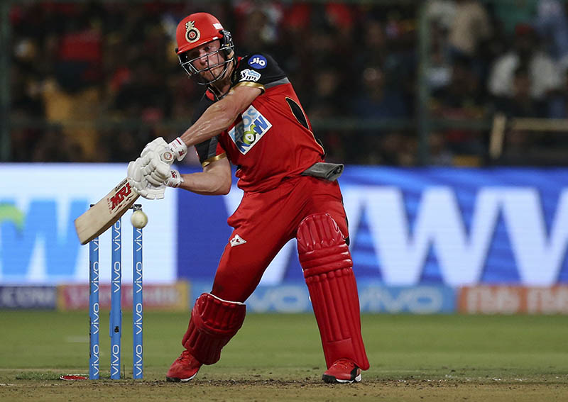 Royal Challengers Bangalore batsman AB de Villiers plays a shot during the VIVO IPL Twenty20 cricket match against Kings XI Punjab in Bangalore, India, on Friday, April 13, 2018. Photo: AP