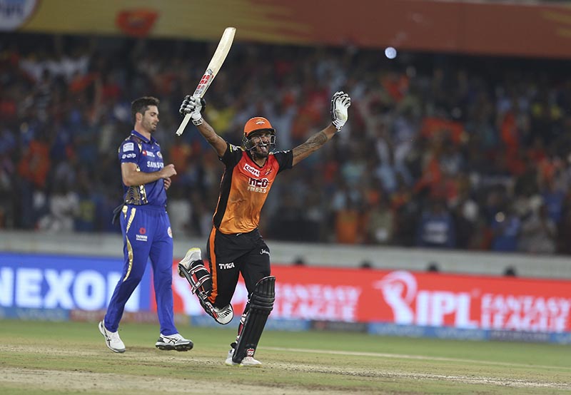 Sunrisers Hyderabad player Deepak Hooda celebrates the winning against Mumbai Indians during VIVO IPL cricket T20 match in Hyderabad, India, on Thursday, April 12, 2018. Photo: AP