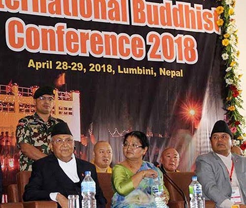 Prime Minister KP Sharma Oli attending the concluding ceremony of International Buddhist Conference, in Lumbini, Rupandehi, on Sunday, April 29, 2018. Photo: THT